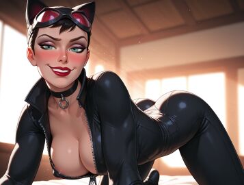 ai_generated bearlyleagle big_breasts bodysuit catwoman choker green_eyes red_lipstick tight_clothing zipper