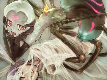 1boy :d arthropod_girl arthropod_limbs black_gloves bmp-to-png_conversion bottomless brown_tunic censored clenched_teeth cocoon colored_skin elbow_gloves fangs female femdom game_cg gloves glowing glowing_tattoo green_skin grey_skirt hands_on_own_chin long_hair long_sleeves looking_at_viewer luka_(mon-musu_quest!) male mon-musu_quest! monster_girl monster_girl_quest mosaic_censoring non-web_source one_eye_closed open_mouth parted_bangs purple_eyes purple_hair rachnee_(mon-musu_quest!) red_eyes sex short_hair silk skirt slit_pupils smile spider_girl spider_web straight teeth topless un_do white_hair