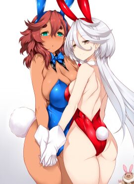 2girls absurdres animal_ears animalization ass back big_breasts bow bowtie breasts chuatury_panlunch cleavage dark-skinned_female dark_skin fake_animal_ears fake_tail female gloves green_eyes grey_eyes gundam gundam_suisei_no_majo hair_down highres holding_hands interlocked_fingers interracial large_breasts light_blush long_hair looking_at_viewer medium_breasts miorine_rembran multiple_females multiple_girls playboy_bunny rabbit_ears rabbit_tail red_hair simple_background smile suletta_mercury tail tanuki thick_eyebrows thighs tsukasawa_takamatsu white_background white_hair yuri