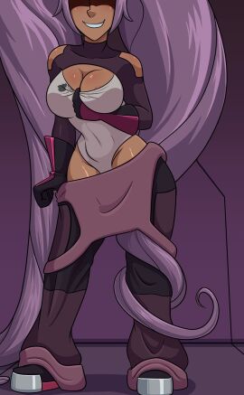 big_breasts entrapta hourglass_figure long_hair nsfani overalls purple_hair she-ra_and_the_princesses_of_power smile smiling undressing