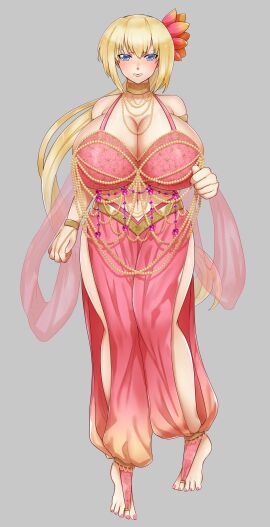 barefoot blonde_hair blue_eyes blush breasts dancer feet female flower flower_in_hair ham121ham harem_girl harem_outfit huge_breasts jewelry light-skinned_female light_skin painted_nails pearl_(gem) thick_thighs toes wide_hips