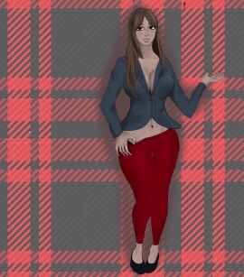 breasts brown_eyes brown_hair cleavage clothed dark-skinned_female dark_skin female full_body huge_breasts pinkpantheress red_pants small_waist thick_thighs