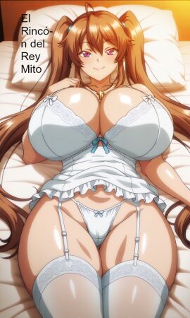 babydoll bedroom blush breasts cleavage cross_necklace female garter_belt high_school_dxd indoors lace_trim large_breasts lingerie long_hair looking_at_viewer lying on_back on_bed orange_hair pillow red_eyes rinconmito shidou_irina smile solo twintails white_lingerie white_panties white_thighhighs