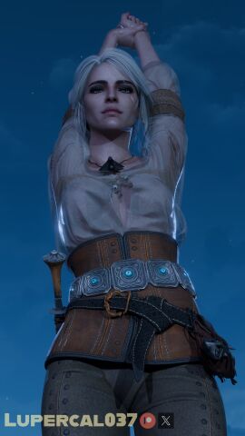 3d breasts cd_projekt_red ciri clothing female freckles green_eyes light-skinned_female light_skin looking_at_viewer low-angle_view lupercal mascara night nipples_visible_through_clothing no_bra scar solo solo_female the_witcher_(series) the_witcher_3:_wild_hunt wet_clothing white_hair witcher_medallion