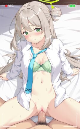 1boy blue_archive blue_necktie blush bottomless bow bow_bra bra breasts censored closed_mouth clothed_sex collared_shirt female green_bow green_bra green_eyes halo highres lace-trimmed_bra lace_trim large_breasts light_brown_hair long_hair long_sleeves male male_pubic_hair navel necktie no_panties nonomi_(blue_archive) open_clothes open_shirt penis pov pov_crotch pubic_hair pussy recording sex shirt solo_focus straight underwear vaginal_penetration white_shirt yamasan