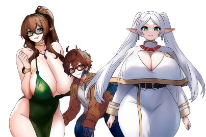 1boy 1girls 2girls ass ass_grab big_ass big_breasts boob_window breasts brown-haired_glasses_elf_(houtengeki) chorquistudios clothed clothed_female clothed_male dinosaur dress elf elf_ears elf_female elf_girl fantasy female frieren glasses green_dress happy happy_female happy_male huge_breasts male milf monster_boy reptile reptile_humanoid smaller_male smiling sousou_no_frieren walking white_dress white_hair