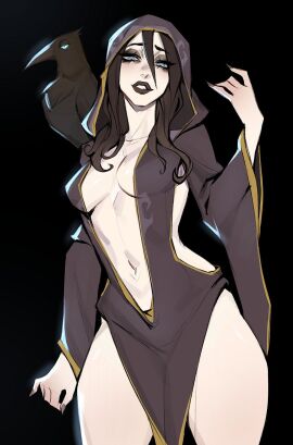 1girls 2025 belly_button bird black_eyeshadow black_hair black_lipstick black_nails blue_eyes breasts clothed clothed_female clothing cowboy_shot crow daedra daedric_prince eyeshadow female front_view fully_clothed grin hair hood hood_up human light-skinned_female light_skin lipstick long_hair looking_at_viewer medium_breasts nail_polish navel nocturnal sharp_fingernails simple_background skyrim smile smiling smiling_at_viewer solo stomach teeth the_elder_scrolls thighs wide_hips ykshelter