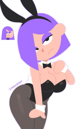 1girls accurate_art_style barely_contained bending_over bent_over bowtie breasts bunny_ears bunnysuit detached_collar detached_sleeves duolingo eyelashes eyeshadow fake_animal_ears female goth goth_girl half-closed_eyes hands_over_breasts highleg highleg_leotard leaning_forward leotard light-skinned_female light_skin lily_(duolingo) makeup medium_breasts no_shading pantyhose postblue98 purple_hair reference_image short_hair short_purple_hair simple_artstyle solo sweater turtleneck watermark