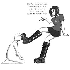 1boy 1girls black_and_white boot_fetish boot_licking boot_worship bootjob boots buckled_boots celera_prime choker dominant_female dominatrix english english_text female femdom femdom_caption foot_fetish foot_lick foot_worship footwear gentle_femdom goth goth_girl goth_tomboy male mommy mommy_kink monochrome original original_character original_characters shoe_fetish shoes short-haired_female short_hair skirt submissive_male t-shirt tomboy