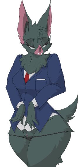 2025 anthro bat blue_clothing blue_suit breasts clothed clothing dispatch dispatch_(game) fangs female fur genitals grey_body grey_fur hi_res looking_away mammal mtf_crossgender necktie red_necktie rule_63 sepiruth short_tail simple_background solo sonar_(dispatch) suit tail teeth vulva white_background