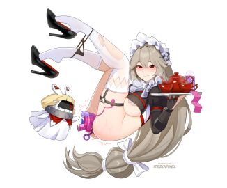 1girls alexandrina_sebastiane ass asymmetrical_legwear bangboo_(zenless_zone_zero) big_breasts blush bottomless breasts female female_focus floating grey_hair heels hi_res high_heels hoyoverse looking_at_viewer maid maid_headdress nipple_pasties nipples red_eyes rezodwel sex_toy sex_toy_insertion smile smiling smiling_at_viewer stockings tagme tea_cup thigh_strap thighs victoria_housekeeping white_background zenless_zone_zero