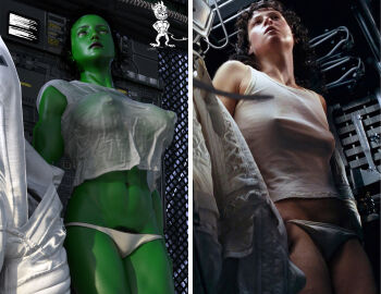 3d 3d_(artwork) alien_(franchise) big_breasts black_hair breasts chup@cabra ellen_ripley erect_nipples_under_clothes female green_skin marvel marvel_comics muscular muscular_female no_bra panties photo picture pubic_hair real_person reference_image she-hulk side_by_side sigourney_weaver sweat tank_top white_panties