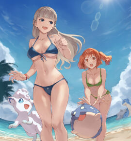2girls absurd_res absurdres alolan_vulpix alternate_breast_size bare_arms bare_belly bare_calves bare_hands bare_hips bare_knees bare_legs bare_midriff bare_navel bare_shoulders bare_skin bare_thighs beach belly belly_button bewitching_thighs bikini bikini_bottom bikini_only bikini_top blue-eyed_female blue_background blue_bikini blue_bikini_bottom blue_bikini_top blue_eyes blue_sky blue_string_bikini blue_swimsuit blue_swimwear blunt_bangs blush blush_face blush_lines blushed_face blushing_at_another blushing_face blushing_female bracelet braid braided_hair breasts brown-haired_female brown_eyebrows brown_hair bust_cup busty busty_female busty_teenager calves clouds coast collarbone crown_braid curvaceous_teenager curvy curvy_body curvy_female curvy_figure curvy_hips curvy_thighs day daytime dot_nose ears elbows extended_arms eyebrows_visible_through_hair fair_skin female female_focus female_only fingernails fingers front-tie_bikini front-tie_bikini_top front-tie_top full_body green_bikini green_bikini_bottom green_bikini_top green_string_bikini green_swimsuit green_swimwear groin happy high_resolution highres horizon hourglass_figure jewelry jojobirdz kanne_(sousou_no_frieren) knees lapras large_breasts lawine_(sousou_no_frieren) lean_body lean_figure leaning_forward legs legs_closed legs_together light-skined_female light-skinned_female light_brown_hair light_skin long_hair medium_breasts medium_hair multiple_females multiple_girls narrow_waist navel necklace ocean open_mouth open_mouth_smile orange-eyed_female orange-haired_female orange_eyebrows orange_eyes orange_hair outdoors outside palm_tree parted_lips pointing_forward pokemon pokemon_(species) sand sea seaside shoulders side-tie_bikini sky slender_body slender_waist slim_female slim_waist smile smiley_face smooth_skin sousou_no_frieren spheal standing string_bikini sun swimsuit swimwear teenage_female teenager thigh_gap thighs thin_waist tongue twintails twintails_(hairstyle) underboob upper_teeth v-line vulpix wide_hips