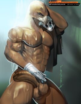 abs accipitrid accipitriform anthro armor avian balls bath bathing biceps bird closed_eyes eagle elden_ring elden_ring_nightreign erection feathers flaccid franubis fromsoftware fur genitals guardian_(nightreign) hi_res humanoid_genitalia humanoid_penis hyper male male_only muscular muscular_male muscular_thighs nude pecs penis serratus shower solo solo_male triceps water waterfall wet
