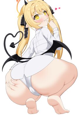 absurdres ass black_ribbon black_wings blonde_hair blue_archive bluerabbit_gap blush demon demon_girl demon_horns demon_tail demon_wings female finger_to_mouth from_behind full_body gehenna_academy_student grabbing_own_ass hair_between_eyes hair_ribbon halo hand_up heart heart_tail highres horns ibuki_(blue_archive) knees_apart_feet_together leaning_forward long_hair looking_at_viewer looking_back no_pants orange_halo pandemonium_society_(blue_archive) panties presenting ribbon shirt shushing solo squatting tail thighs tiptoes twintails underwear variant_set very_long_hair white_panties white_shirt wings yellow_eyes yellow_halo young