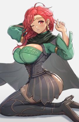 1girls ahoge ass big_ass black_panties boots breasts cleavage dark-skinned_female dark_skin diadem earrings female female_only fire_emblem fire_emblem:_three_houses gonzarez hair_over_shoulder hapi_(fire_emblem) highres jewelry kneeling large_breasts long_hair long_sleeves looking_at_viewer medium_hair nintendo one_eye_closed panties pantyhose red_eyes red_hair simple_background solo thigh_boots thighhighs white_background