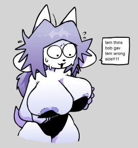 2023 anthro areola areola_slip big_breasts bodily_fluids breasts cleavage clothed clothing digital_drawing_(artwork) digital_media_(artwork) english_text female holding_breast huge_breasts loudnormal4 panicking solo speech_bubble sweat sweatdrop tem temmie_(undertale) text thick_thighs undersized_topwear undertale undertale_(series)