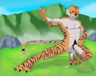 absurd_res anthro balls bodily_fluids cum dumbasswolf erection felid fur genital_fluids genitals hi_res huge_filesize humanoid humanoid_genitalia humanoid_penis male mammal markings martial_arts martial_arts_pose mountain muscular nipples nude outside pantherine penis solo striped_markings striped_tail stripes tail tail_markings tiger