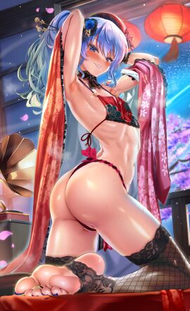 1girls absurd_res armpits belly_button blue_eyes blue_hair blue_toenails blush chinese_lantern feet female female_only flat_chest foot_fetish foot_focus hi_res highres hololive hololive_japan hoshimachi_suisei huge_filesize jagoo_(artist) light-skinned_female light_skin soles solo stirrup_legwear thong toes virtual_youtuber
