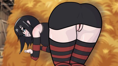 2d ass female from_behind hiding hotel_transylvania mavis_dracula pussy skirt smile smiling_at_viewer solo toonius_sketchus