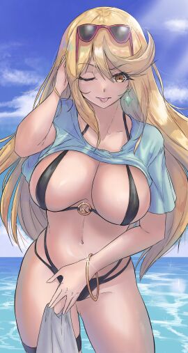 1girls absurd_res big_breasts bikini black_bikini blue_sky bracelet breasts calmgreentori cleavage cloud commentary cowboy_shot earrings english_commentary eyewear_on_head female groin hand_in_own_hair high_res jewelry looking_at_viewer mythra navel nintendo one_eye_closed outside sky star_(symbol) star_earrings sunglasses swimsuit thigh_strap tongue tongue_out upper_body xenoblade_(series) xenoblade_chronicles_2