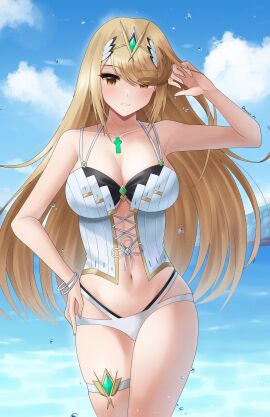 1girls 2d 2d_(artwork) big_breasts bikini blonde_hair breasts clouds day doiparuni female female_focus female_only front_view hair_over_one_eye high_resolution highres hourglass_figure light-skinned_female light_skin long_hair looking_at_viewer mythra ocean outdoors sky smiling smiling_at_viewer solo solo_female solo_focus standing standing_in_water summer swimsuit thong thong_bikini two_piece_swimsuit water white_bikini white_bikini_bottom white_swimsuit xenoblade_(series) xenoblade_chronicles_2 yellow_eyes young younger_female