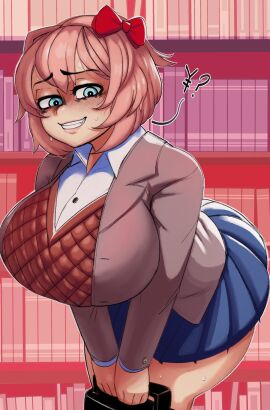 asking_for_money blush curbstomp doki_doki_literature_club huge_breasts pink_hair sayori_(doki_doki_literature_club) thick_thighs