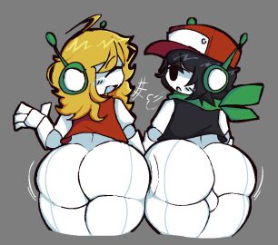 1boy 1girls antennae ass ass_focus backsack balls ballsack big_ass big_butt black_hair blonde_hair blush blush_lines both_sexes_in_same_situation bottomless butts_touching cave_story curly_brace equal_opportunity_fanservice fat_ass fat_butt female hat huge_ass huge_butt male male_and_female_focus meatoids quote_(cave_story) robot thick_ass thick_butt