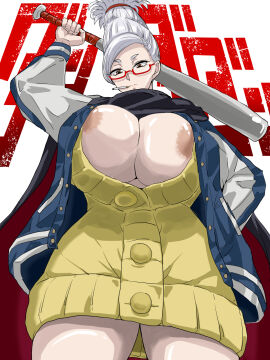 1girls ayase_seiko big_breasts breast_grab breasts dandadan dolphin_shorts female female_only gilf glasses grandmother green_eyes huge_breasts mature mature_female milf sahagita shorts solo solo_focus tank_top white_hair