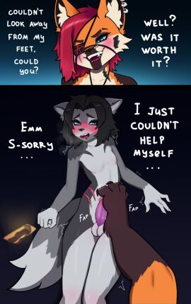 anarchy_symbol anthro balls biped blush bodily_fluids canid canine canis comic dialogue duo ear_piercing ear_ring english_text erection feet female foot_fetish foot_play footjob fox genital_fluids genitals interspecies male male/female mammal nude open_mouth penis piercing precum ring_piercing sex text toes wolf zelles