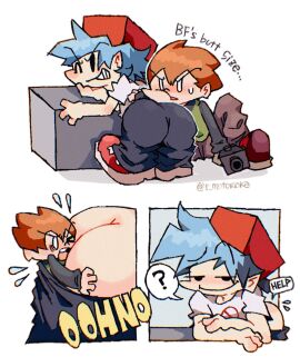 2boys ? ass ass_in_face big_ass big_butt blue_hair boyfriend_(friday_night_funkin) fat_ass fat_butt friday_night_funkin fully_clothed gun hat huge_ass huge_butt male male_only newgrounds orange_hair pico's_school pico_(newgrounds) r_motomoka smug sweat sweating text text_bubble thick_ass thick_butt wink