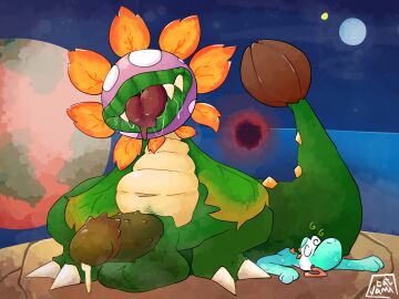 ambiguous_gender balls big_penis black_hole bodily_fluids catjam_(artist) cyan_yoshi dino_piranha dizzy dizzy_eyes duo elemental_creature feral flora_fauna genitals good_egg_galaxy hi_res huge_cock male mario_(series) nintendo penis plant saliva sitting_on_another space star super_mario_galaxy tongue tongue_out yoshi