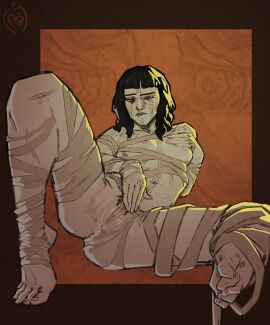 1girls 2d applesauce_jack bandages bangs biting_lip black_hair breasts feet female female_only female_pubic_hair masturbation multi_pupil mummy mummy_wrappings one_eye_closed orange_eyes partially_clothed princess_ahmanet pubic_hair pussy solo solo_female tattoos the_mummy_(2017) the_mummy_(franchise)