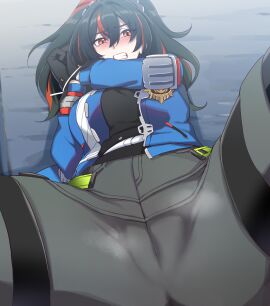 absurdres ahoge black_gloves black_hair blue_jacket bound bound_wrists breasts cameltoe female gloves hair_between_eyes highres holding jacket long_hair looking_at_viewer multicolored_hair pants police police_uniform policewoman ponytail pussy red_hair saki_(remainaddd) shirt simple_background solo spread_legs standing streaked_hair uniform zenless_zone_zero zhu_yuan