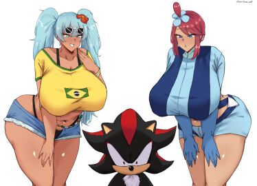 1boy 2024_pokemon_teraleak 2girls alternate_breast_size big_breasts blue_eyes blue_hair brazilian brazilian_female brazilian_miku breasts crop_top crossover denim denim_shorts earrings female flower_in_hair furry gloves hatsune_miku hedgehog huge_breasts huuro_(pokemon) i_just_love_latinas_sonic latina male navel necklace omikami pokemon pokemon_bw red_eyes red_hair ring shadow_the_hedgehog shorts skintight skyla_(pokemon) sonic_(series) sonic_the_hedgehog_(series) sunglasses sunglasses_on_head tagme tan_body tanline thong thong_bikini turtleneck twintails vocaloid wrist_rings