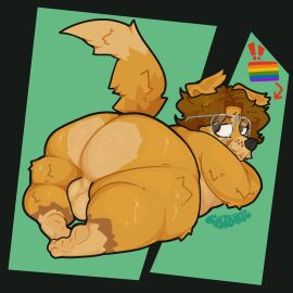 absurd_res anthro ass balls big_ass big_butt bird_dog blonde_hair bodily_fluids canid canine canis catboyz digital_media_(artwork) domestic_dog eyewear feet fur gabe_(catboyz) genitals glasses golden_retriever hair hi_res hunting_dog looking_at_viewer looking_back male mammal nude overweight overweight_anthro overweight_male presenting presenting_hindquarters retriever simple_background solo sweat sweatdrop sweaty_ass sweaty_butt tail thick_thighs toes yellow_body yellow_fur