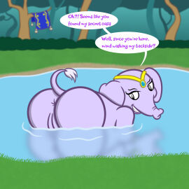 2024 anus ass big_ass big_butt blurred_background carpet colored_line_art detailed_background elephant elephantid english_text female feral genitals hi_res jewelry looking_at_viewer looking_back looking_back_at_viewer mammal oasis outside partially_submerged plant proboscidean purple_line_art pussy raised_tail shantae shantae_(elephant_form) sharkinwaves shrub solo speech_bubble tail talking_to_viewer text tree water wayforward yellow_line_art