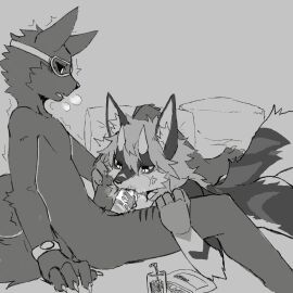 2022 4_fingers a8295536 anthro bent_legs black_sclera bodily_fluids breath canid canine canis chinese_description clothed clothing cum cum_in_mouth cum_inside duo eyewear eyewear_only fangs feet fellatio fingers genital_fluids goggles goggles_only greyscale hi_res horn looking_at_another looking_at_partner lying male male/male mammal monochrome nude nude_male on_front open_mouth oral penile penis sex shaking sitting tail teeth toes trembling wolf