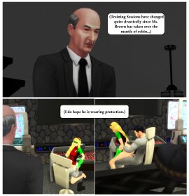 1girls 2boys 3d age_difference alfred_pennyworth batman batman_(bruce_wayne) batman_(series) blonde_female blonde_hair bruce_wayne comic cowgirl_position dc dc_comics dialogue female hero_and_sidekick human human_only male older_male older_penetrating_younger pof3445 reverse_cowgirl_position robin_(dc) robin_(stephanie_brown) stephanie_brown straight text_box the_sims the_sims_4 younger_female