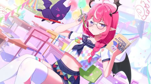 ahoge book braid camila_(vtuber) chair cimp_(camila) classroom crop_top crop_top_overhang demon demon_girl demon_horns fan_mascot_(vtuber) female glasses holding horns indie_virtual_youtuber long_hair looking_at_viewer marking_below_eyes midriff navel pen pink_hair pointy_ears purple_eyes round_eyewear round_glasses sailor_collar school_uniform serafuku shirt short_sleeves sitting skirt solo succubus thighhighs virtual_youtuber white_shirt white_thighhighs wings
