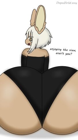 1girls aged_up ass ass_bigger_than_body ass_bigger_than_head ass_bigger_than_torso ass_focus back_view barely_clothed big_ass big_butt dropedartist enormous_ass enormous_butt female furry furry_female furry_only huge_ass huge_butt looking_at_viewer looking_back made_in_abyss nanachi open_mouth round_ass round_butt sitting smile smiling smiling_at_viewer text