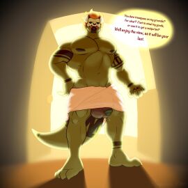 1boy 2023 4_toes anthro anthro_focus anthro_only anthro_solo balls barefoot clawed_feet clawed_toes claws digital_drawing_(artwork) digital_media_(artwork) feet finger_claws flaccid flaccid_penis glans humanoid_genitalia humanoid_penis impossizzle lizard lizard_humanoid looking_at_viewer male male_anthro male_focus male_only mostly_nude muscles muscular muscular_male naked_towel nude partially_clothed partially_clothed_male penis precum precum_drip reptile reptile_humanoid skull_mask solo solo_anthro solo_focus solo_in_panel solo_male talking_to_viewer terraria testicles towel towel_around_waist witch_doctor_(terraria)