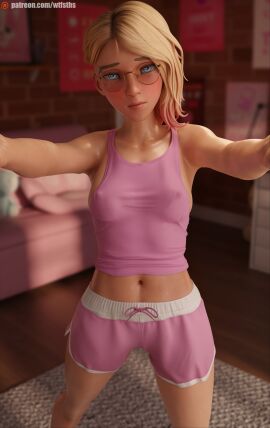 3d 3d_(artwork) asymmetrical_hair blonde_female blonde_hair blue_eyes blush blushing_at_viewer breasts crop_top cute cute_face eye_contact female full_color fully_clothed ghost-spider glasses gwen_stacy gwen_stacy_(spider-verse) light-skinned_female light_skin looking_at_viewer marvel marvel_comics medium_breasts multicolored_hair navel no_penetration partially_clothed petite self_upload selfie shorts skinny skinny_female smile smiling smiling_at_viewer solo solo_female spider-gwen spider-man:_across_the_spider-verse spider-man:_into_the_spider-verse spider-man_(series) superhero superheroine teenage_female teenager tummy wtfsths