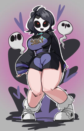 1girls ahoge allister_(pokemon) black_hair breasts english english_text female full_body genderswap genderswap_(mtf) ghost ghosts heart heart-shaped_pupils large_breasts leebongchun long_sleeves mask masked_female plump pokemon rule_63 shoes short_hair shorts solo thick_thighs thighs