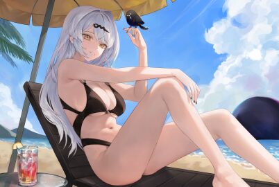 absurdres alternate_costume beach beach_umbrella bikini bird bird_on_hand black_bikini black_bird blue_sky breasts chair commentary_request day female highres large_breasts long_hair lounge_chair malsuk navel ocean sitting sky solo stomach swimsuit umbrella white_hair yellow_eyes yixuan_(zenless_zone_zero) zenless_zone_zero