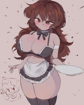 1boy 1girls 2d 2d_(artwork) blush boyfriend_(friday_night_funkin) breasts brown_hair cleavage curvy demon demon_girl digital_drawing_(artwork) digital_media_(artwork) female friday_night_funkin girlfriend_(friday_night_funkin) hoshoidk large_breasts light-skinned_female light_skin long_hair maid maid_bikini maid_uniform male navel red_eyes sweat tagme thick_thighs thighhighs thighs white_background