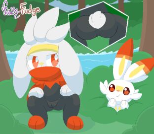 ambiguous_gender anthro ass biped cotton_tail covered_mouth crouching cutaway digital_media_(artwork) fairyfudge female forest generation_8_pokemon genitals hands_on_knees hands_on_legs hiding imminent_feces imminent_scat nintendo orange_eyes plant pokemon pokemon_(species) pussy raboot scorbunny signature smile tree