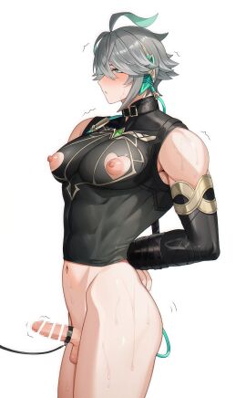 1boy alhaitham_(genshin_impact) alpaitham aqua_eyes aqua_hair balls bar_censor black_shirt black_sleeves blush bondage breasts busty_male censored cleavage_cutout clothing_cutout erect_nipples erect_penis gay genshin_impact grey_hair hair_between_eyes hair_over_one_eye highres leash leash_on_penis male male_focus male_nipples male_only male_with_breasts malesub midriff multicolored_hair navel nipple_cutout nipples open_mouth penis shirt short_hair solo solo_male testicles white_background
