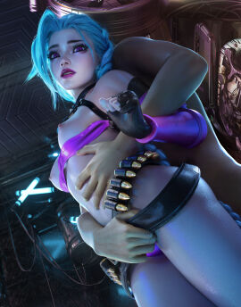 1boy 1girls 3d belt bikini_aside blue_hair braid breasts breasts_out bullet collar exposed_breasts female fingerless_gloves foreplay gloves groping jinx_(league_of_legends) league_of_legends looking_at_viewer looking_down makeup male male/female purple_eyes purple_lipstick restrained scared sevenbees shorts small_breasts standing twin_braids