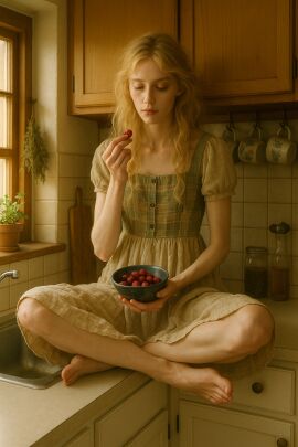 ai_generated blonde_female blonde_hair clothed eating kitchen strawberry